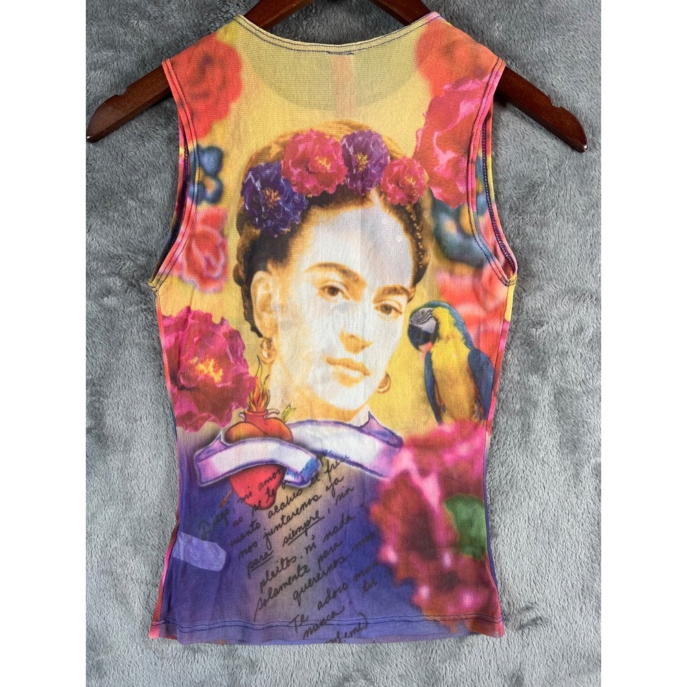 VINTAGE Just In Time Mesh Top Womens Large Frieda Khalo Graphic Embellished - Picture 3 of 12